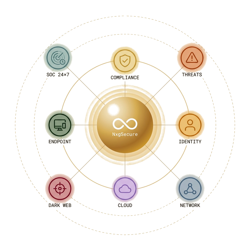 NxgSecure security platform — Identity, Cloud, Endpoint, Compliance, Network, Dark Web, SOC 24×7 and Threats orbiting a central NxgSecure core